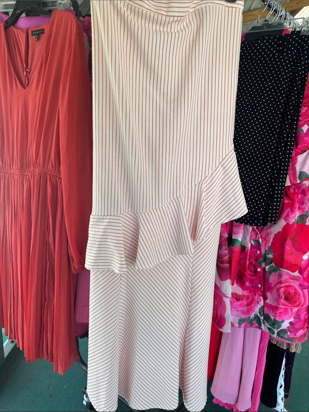 New York & Company Cream Midi Dress with Coral Stripes and Ruffle